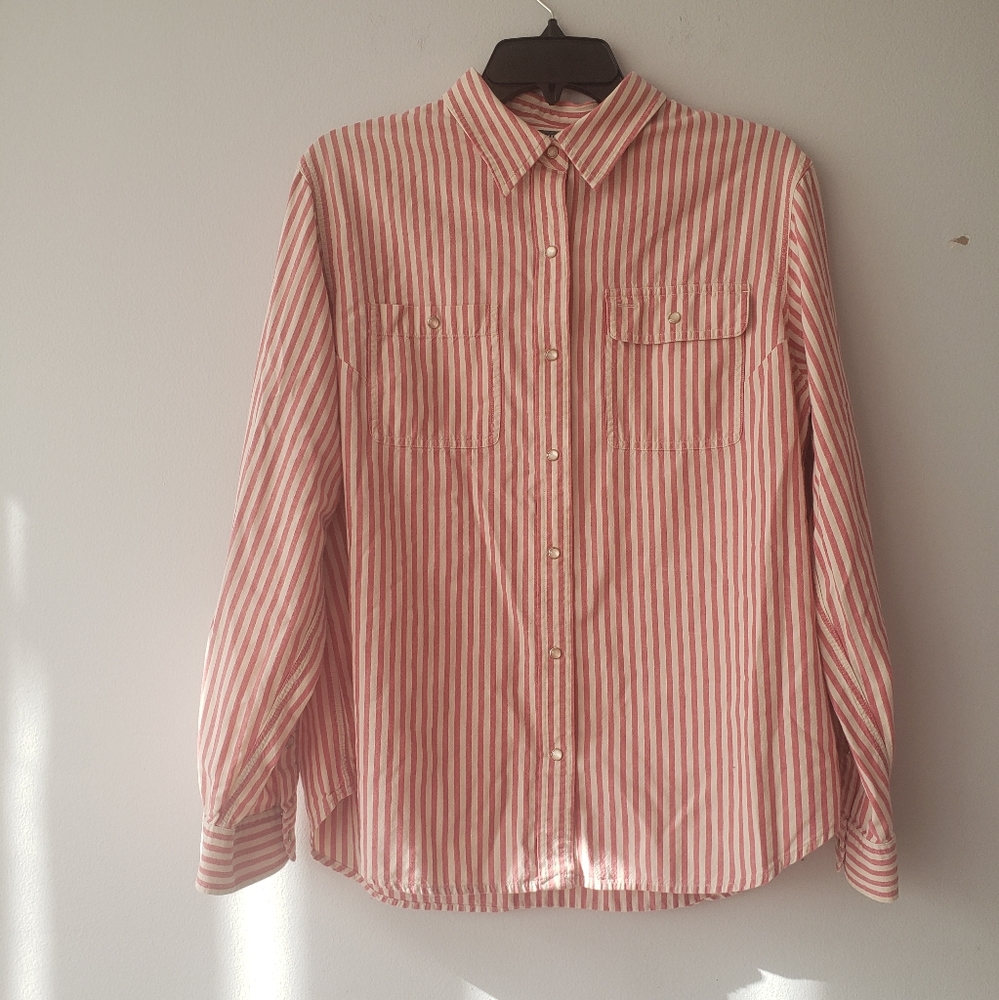 Lauren Ralph Lauren Womens Red and White Striped Pearl Snap Long Sleeve Shirt